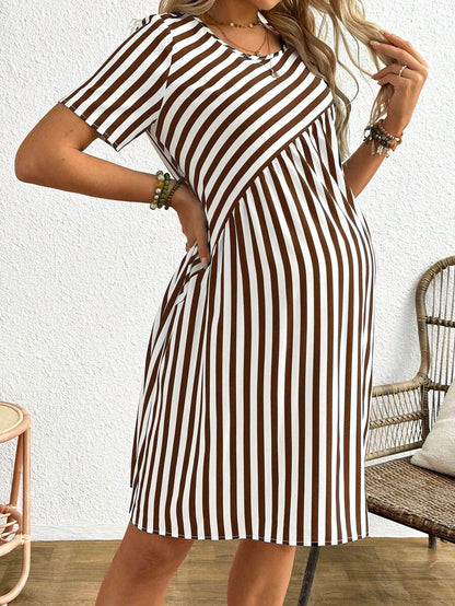 Maternity Striped Round Neck Short Sleeve A-Line Dress Casual Red and White Short Maternity Dress with Button Details
