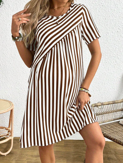 Maternity Short Sleeve Striped A-Line Dress Round Neck Button Detail Casual Blue and White Short Summer Dress