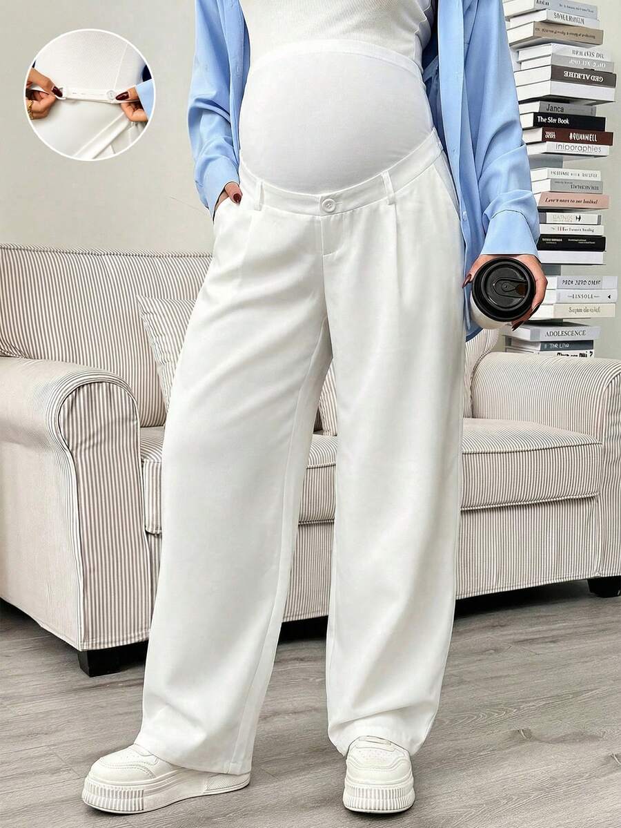 Maternity Tailored Office Pants - Adjustable Waist, Slant Pocket, Loose Fit, Khaki