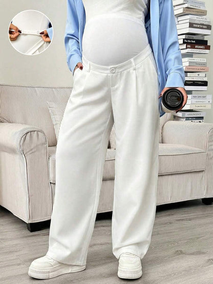 Maternity Tailored Pants - Adjustable Waist, Pocket, Loose Fit, Navy Blue