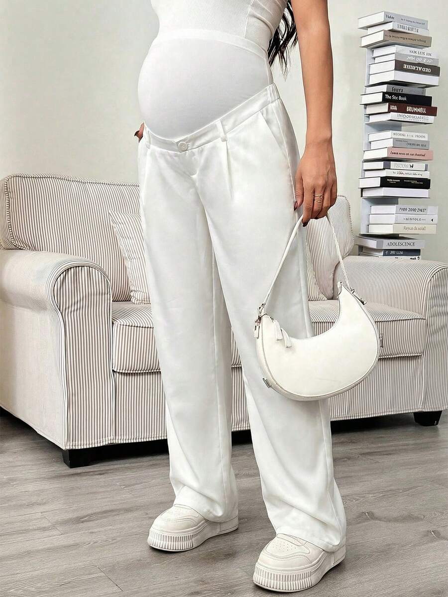 Maternity Tailored Office Pants - Adjustable Waist, Slant Pocket, Loose Fit, Khaki
