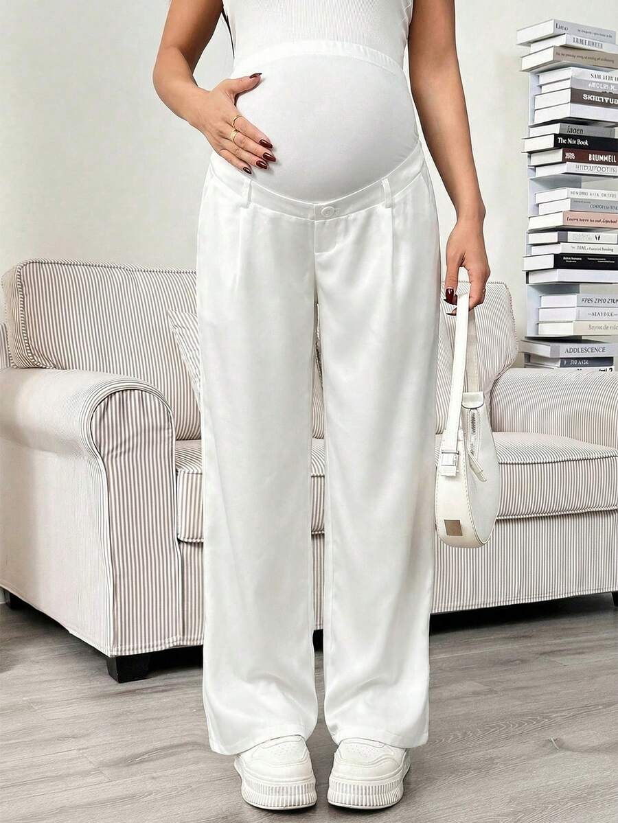 Maternity Tailored Pants - Adjustable Waist, Pocket, Loose Fit, Navy Blue
