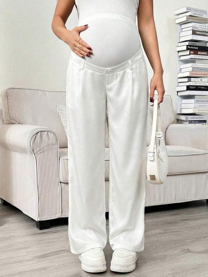 Maternity Tailored Office Pants - Adjustable Waist, Slant Pocket, Loose Fit, Khaki