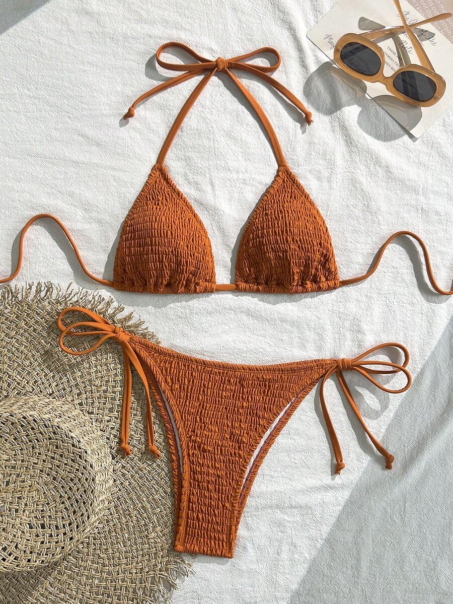 Swim Vcay Solid Color Halter Twist Bikini Two Pieces Swimwear, Suitable For Summer