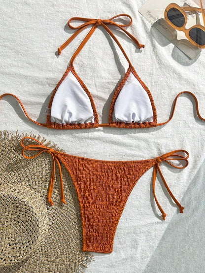 Swim Vcay Solid Color Texture Split Bikini Set, Vacation Beach For Summer