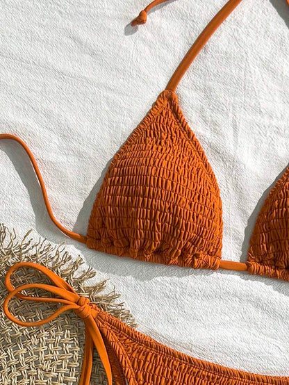 Swim Vcay Solid Color Texture Split Bikini Set, Vacation Beach For Summer