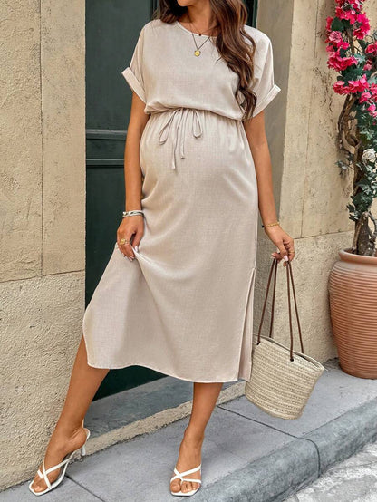 Black Maternity Midi Dress - Short Batwing Sleeve High Waist Round Neck Casual Dress with Drawstring Detail for Pregnancy
