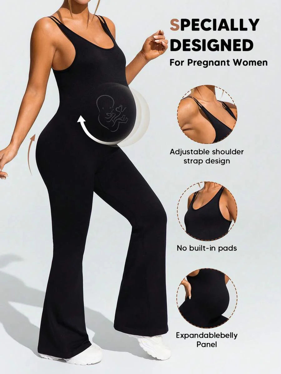 Baby Blue Maternity High Stretch Flared Jumpsuit - Backless Scoop Neck Sleeveless Skinny Fit One Piece - Adjustable Strap Maternity Activewear