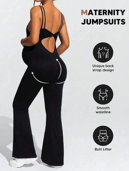 Baby Blue Maternity High Stretch Flared Jumpsuit - Backless Scoop Neck Sleeveless Skinny Fit One Piece - Adjustable Strap Maternity Activewear