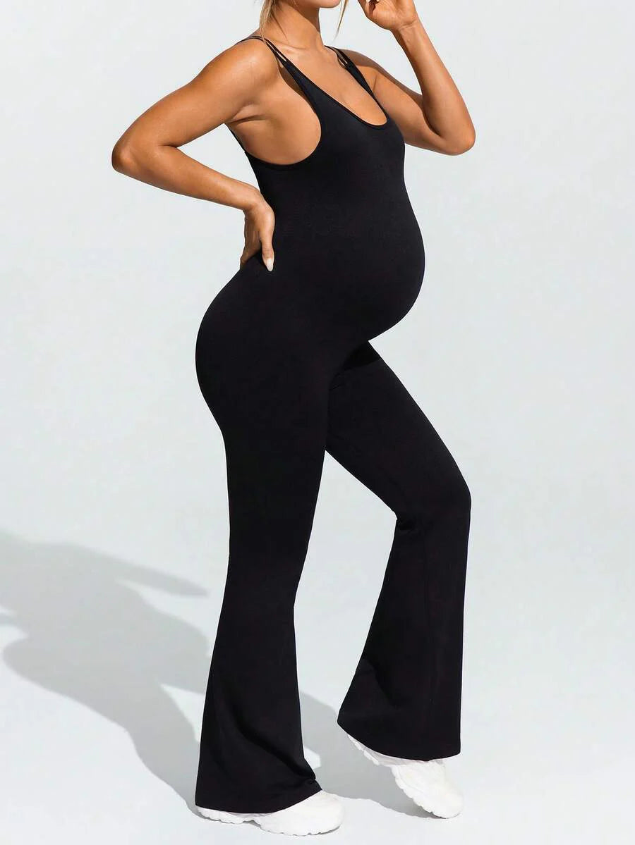 Baby Blue Maternity High Stretch Flared Jumpsuit - Backless Scoop Neck Sleeveless Skinny Fit One Piece - Adjustable Strap Maternity Activewear