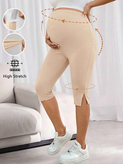 Maternity Adjustable Waist Side Slit Casual 3/4 Length Leggings For Women