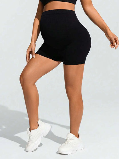 Baby Blue Ultra High Waist Maternity Sports Shorts - Animal Pattern High Stretch Skinny Fit Mini Shorts - Comfortable Double Waist Athletic Wear