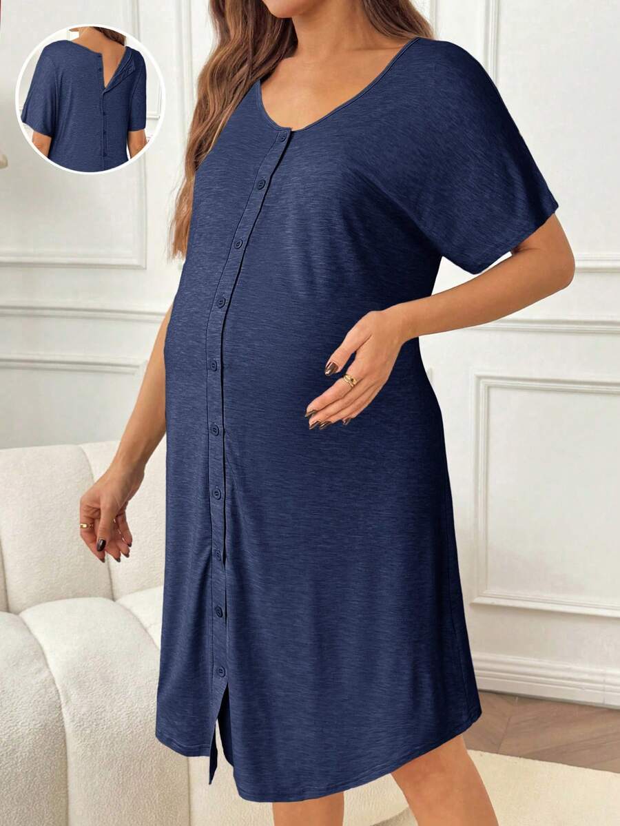 Slowluna Black V-Neck Short Sleeve Lounge Top - Loose Fit High Stretch Knitted Tunic - Comfortable Summer Pajama and Hospital Wear