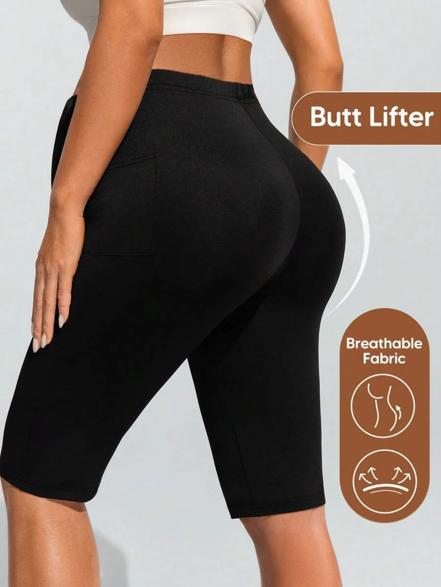 Navy Blue Ultra High Waist Maternity Leggings - Solid Color Elastic Waist Bermuda Shorts - Comfortable Medium Stretch Daily Activewear