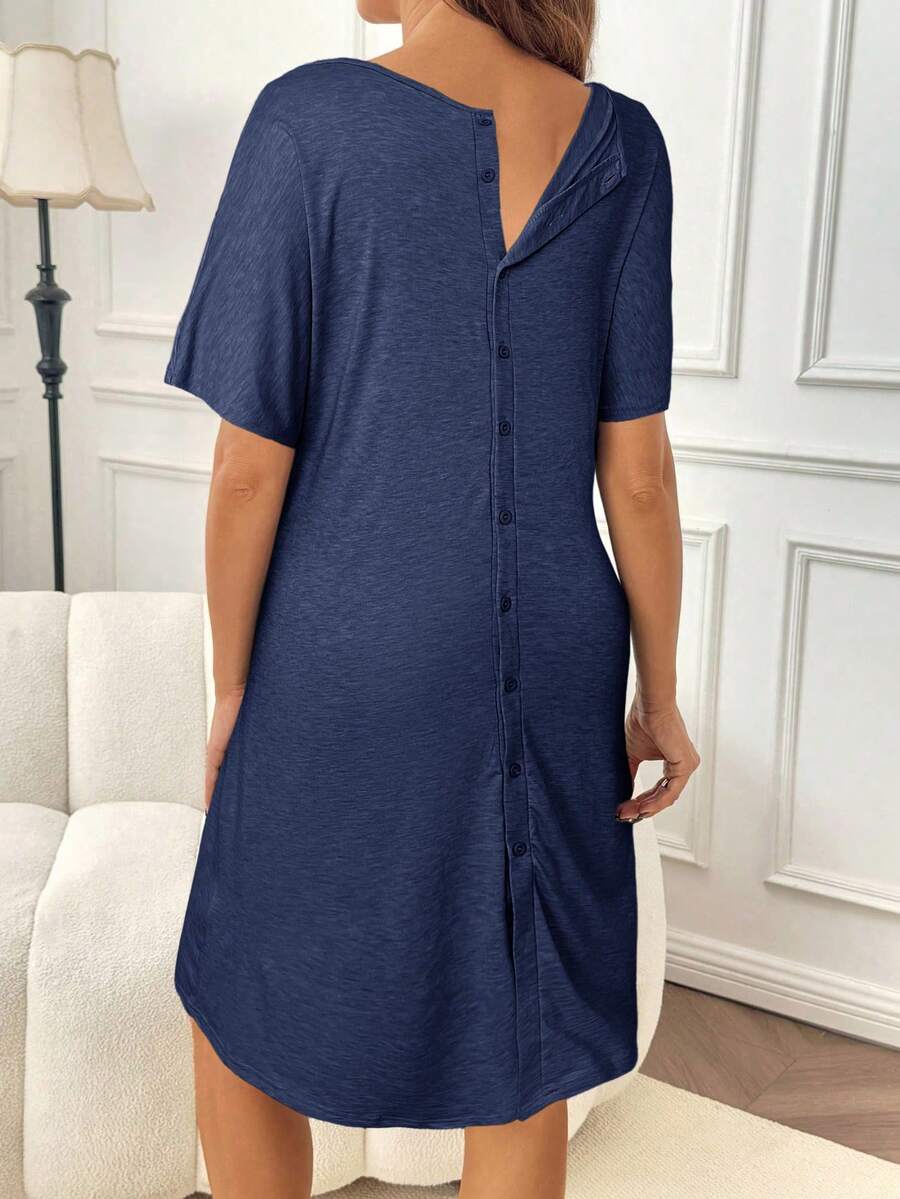 Slowluna Black V-Neck Short Sleeve Lounge Top - Loose Fit High Stretch Knitted Tunic - Comfortable Summer Pajama and Hospital Wear