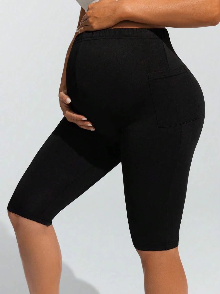 Navy Blue Ultra High Waist Maternity Leggings - Solid Color Elastic Waist Bermuda Shorts - Comfortable Medium Stretch Daily Activewear