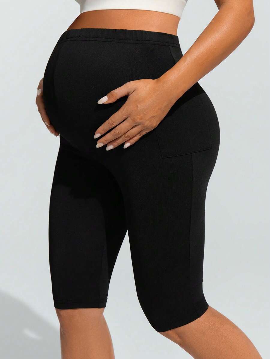 Navy Blue Ultra High Waist Maternity Leggings - Solid Color Elastic Waist Bermuda Shorts - Comfortable Medium Stretch Daily Activewear