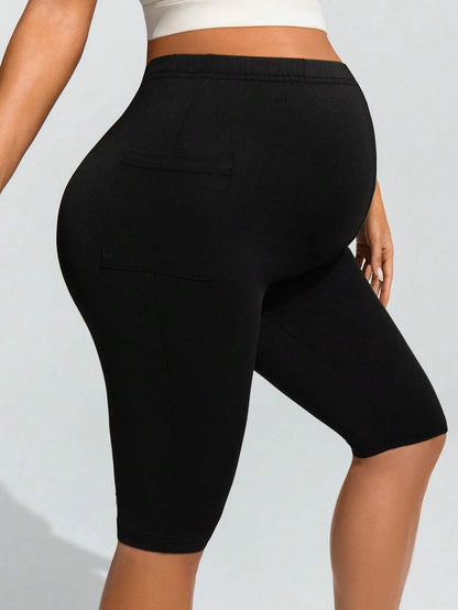 Navy Blue Ultra High Waist Maternity Leggings - Solid Color Elastic Waist Bermuda Shorts - Comfortable Medium Stretch Daily Activewear