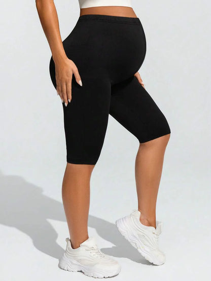 Navy Blue Ultra High Waist Maternity Leggings - Solid Color Elastic Waist Bermuda Shorts - Comfortable Medium Stretch Daily Activewear