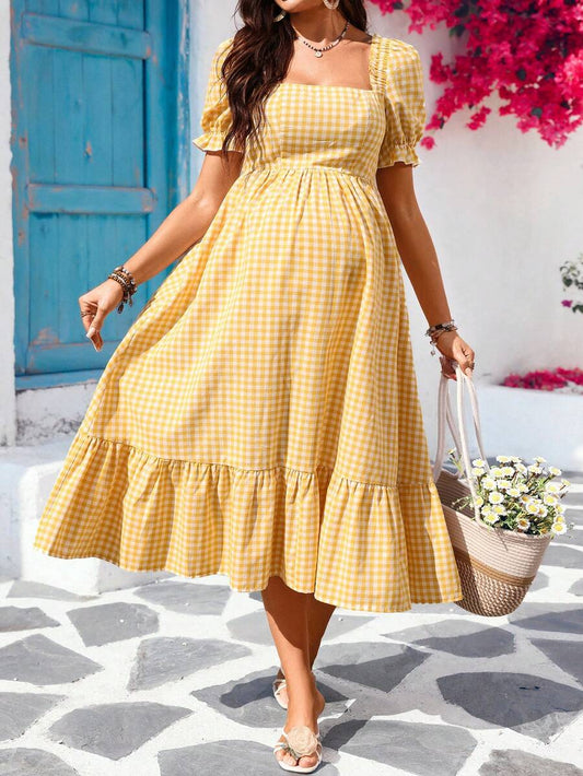 Maternity Yellow Plaid Square Neck Puff Sleeve Midi Dress with Shirred Bodice and Ruffle Hem for Vacation Picnic and Cottagecore Style