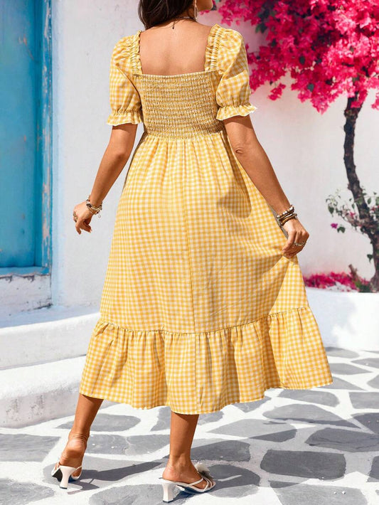 Maternity Yellow Plaid Square Neck Puff Sleeve Midi Dress with Shirred Bodice and Ruffle Hem for Vacation Picnic and Cottagecore Style
