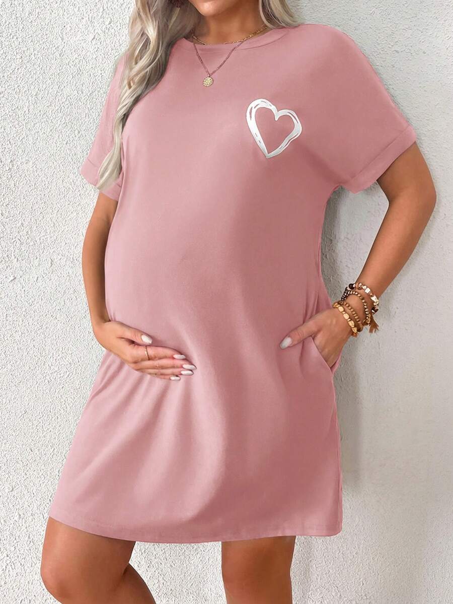 Loose Maternity Summer Dress With Heart-Shaped Print
