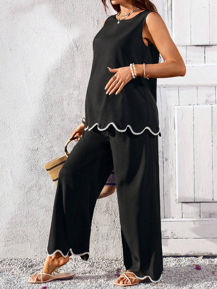 Maternity Round Neck Sleeveless Green 2 Piece Set Minimalist Camisole and Cropped Pants Casual Summer Outfit