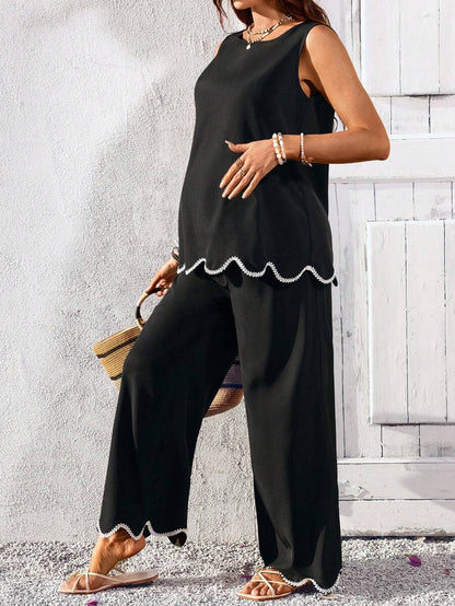 Blue and White Striped Maternity 2-Piece Set - Sleeveless Camisole and Long Pants - Casual Beach Vacation Outfit for Pregnant Women
