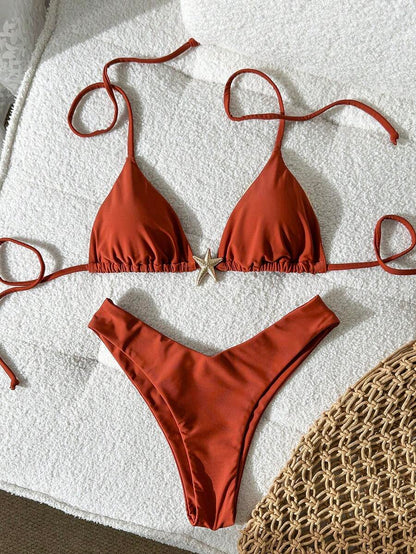 Swim Vcay Women's Solid Color Spaghetti Strap Metal Decor Sexy Bikini Set, Summer