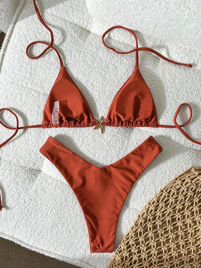Swim Vcay Women's Solid Color Spaghetti Strap Metal Decor Sexy Bikini Set, Summer
