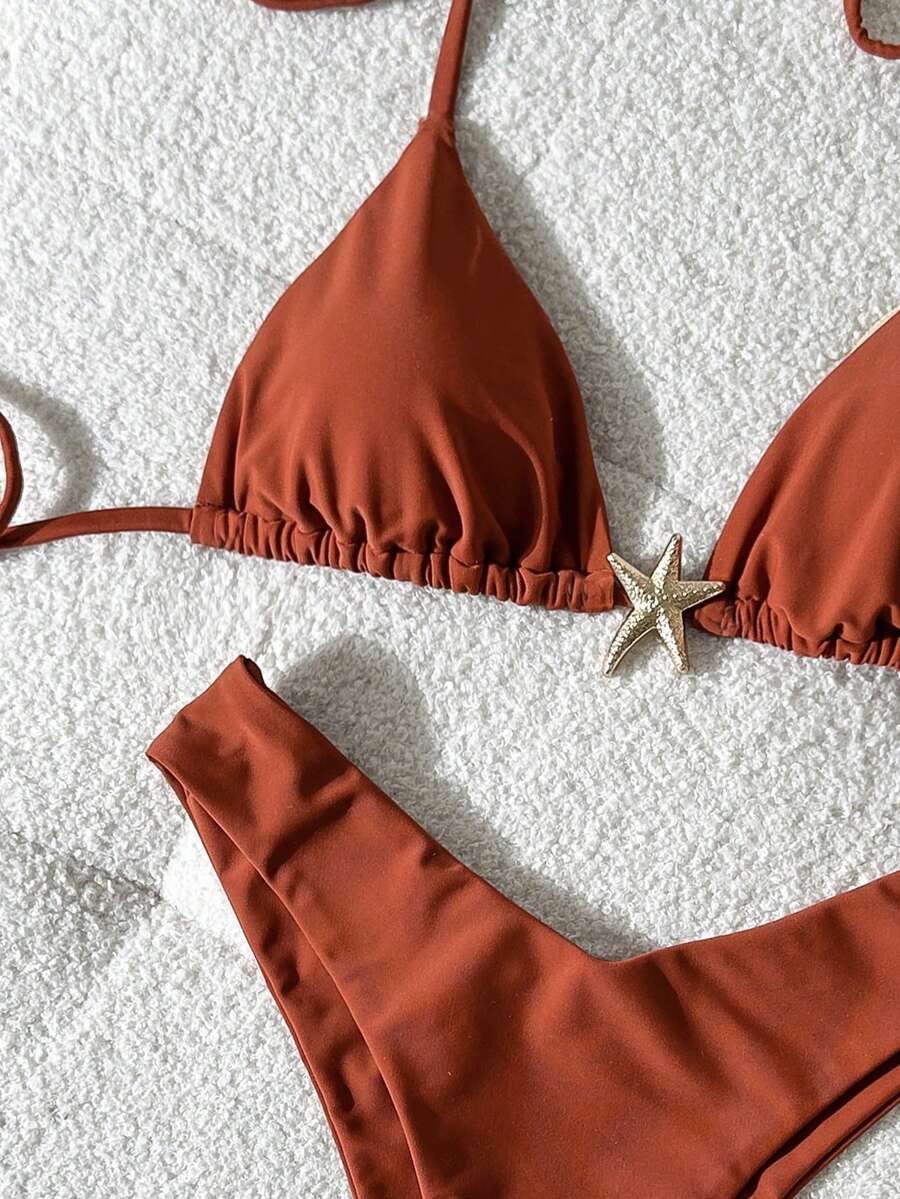 Swim Vcay Women's Solid Color Spaghetti Strap Metal Decor Sexy Bikini Set, Summer