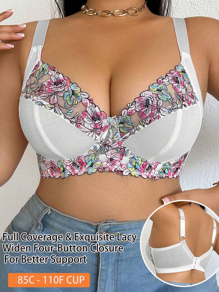 Plus Size Elegant Floral Embroidery Underwire Bra