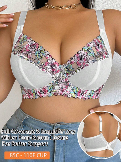 Plus Size Elegant Floral Embroidery Underwire Bra