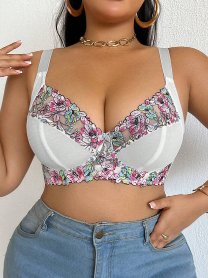 Plus Size Elegant Floral Embroidery Underwire Bra