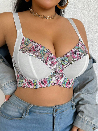 Plus Size Elegant Floral Embroidery Underwire Bra