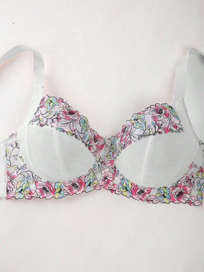 Plus Size Elegant Floral Embroidery Underwire Bra