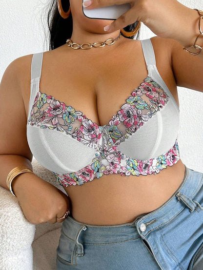 Plus Size Elegant Floral Embroidery Underwire Bra