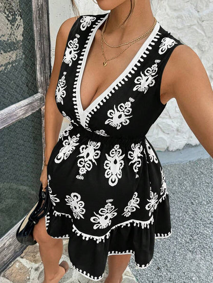 Maternity Cami Mini Dress - V Neck, Sleeveless, Floral, Flared Hem, Slim Fit, Multicolor