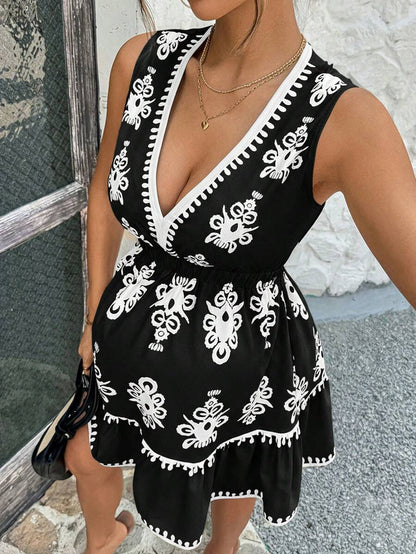 Maternity Cami Mini Dress - V Neck, Sleeveless, Floral, Flared Hem, Slim Fit, Multicolor