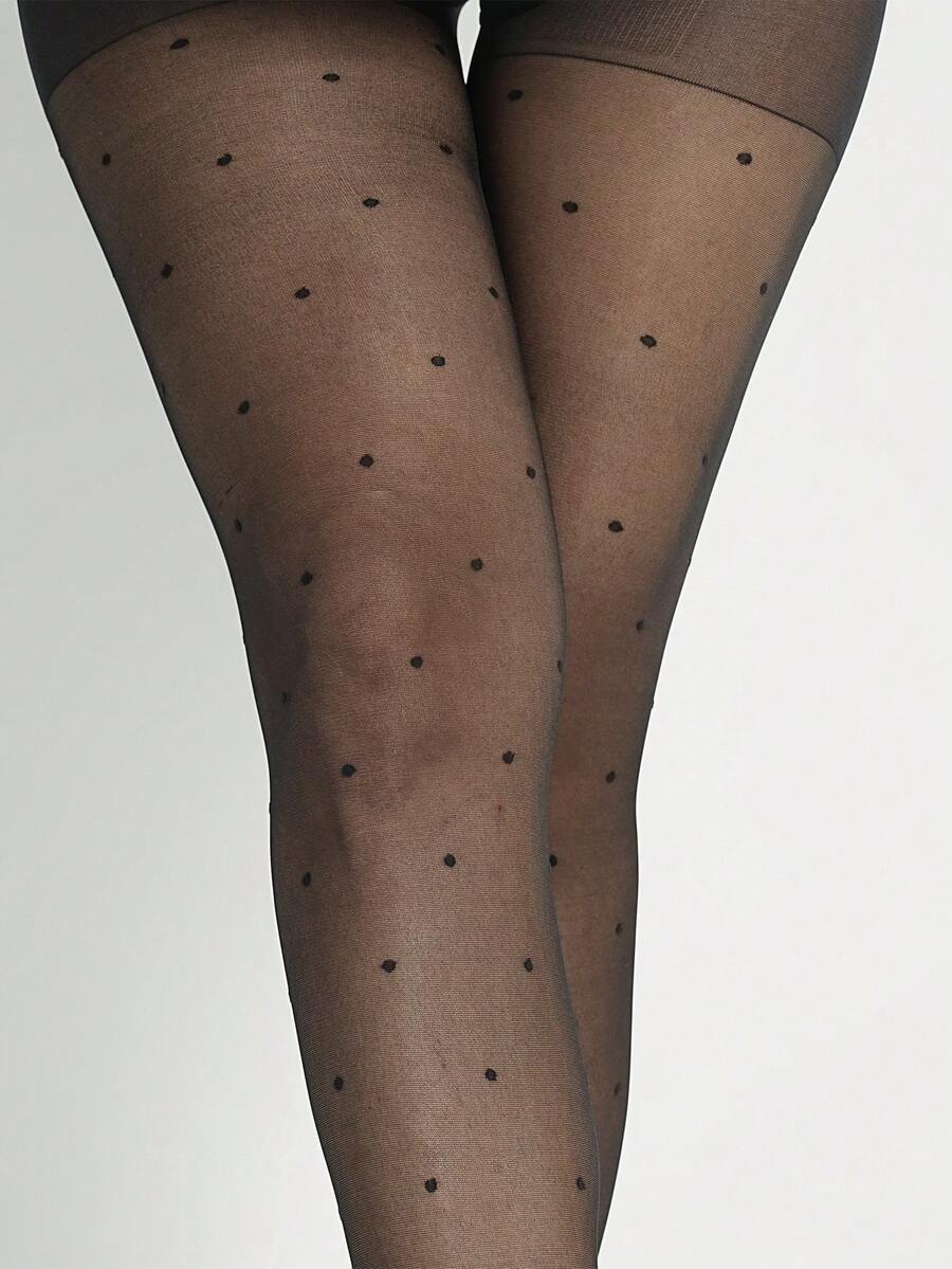 Maternity Tights - Plus Size Sheer Polka Dot Patterned High Waist Transparent Belly, Sexy Thin