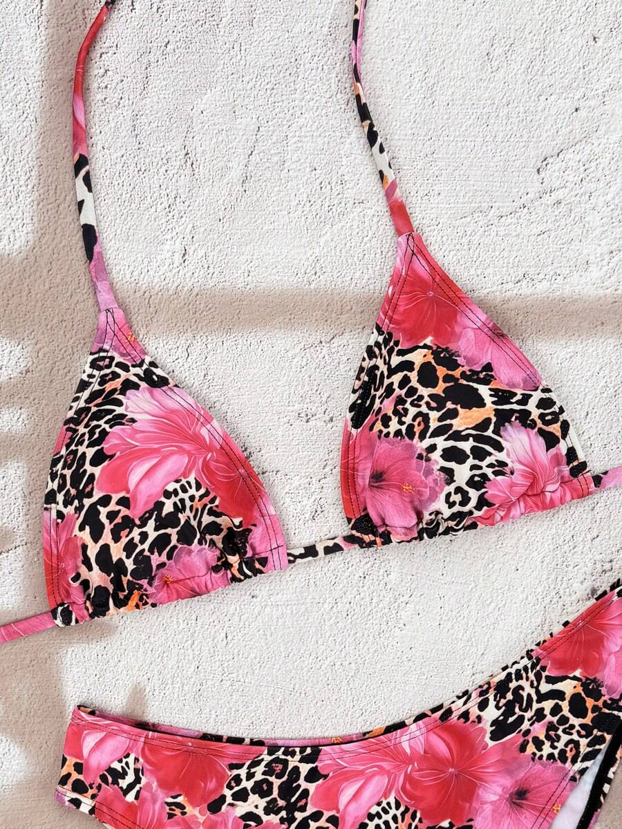 Swim Vcay 2026 Spring/Summer Women's Spaghetti Strap Halter Neck Black Base White Polka Dot Random Print Sweet Cute Side High Cut Bikini Swimwear 2-Piece Set Vacation Bikini Set Pink Bikini Set High Leg Bikini Set Modest Bikini Set Bikini Set