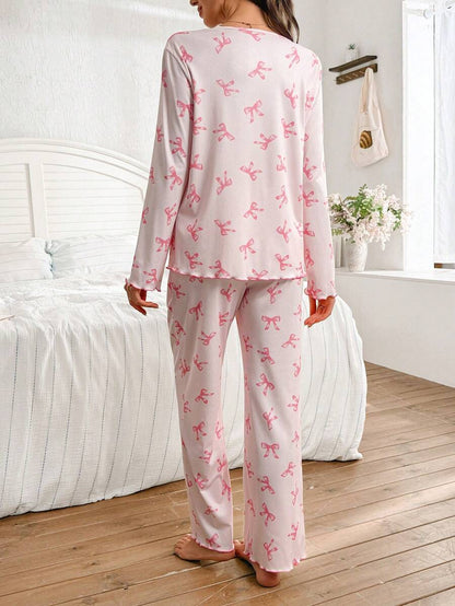 Maternity Pajama Set 2 Pack - Bow Print Pink Long Sleeve Cardigan and Pants Nursing Loungewear