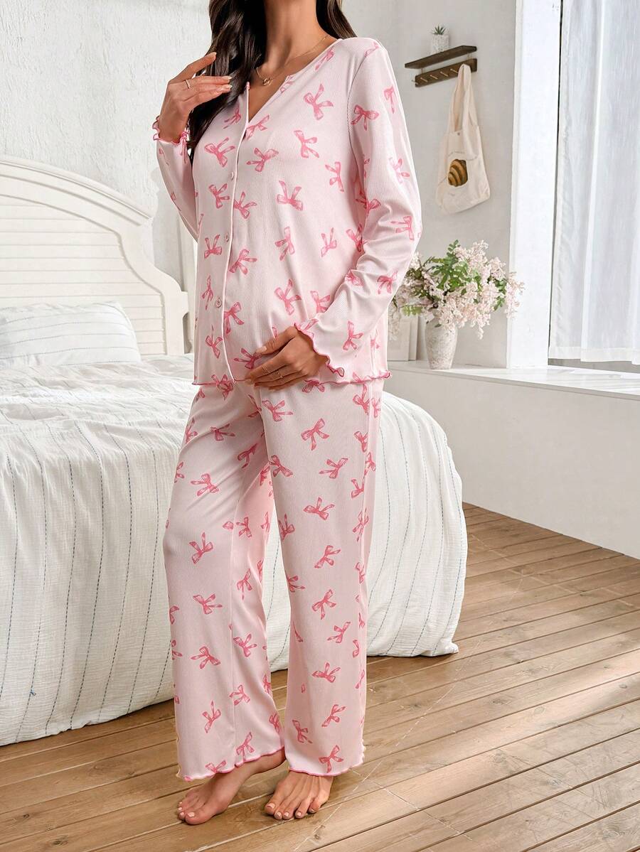 Maternity Pajama Set 2 Pack - Bow Print Pink Long Sleeve Cardigan and Pants Nursing Loungewear