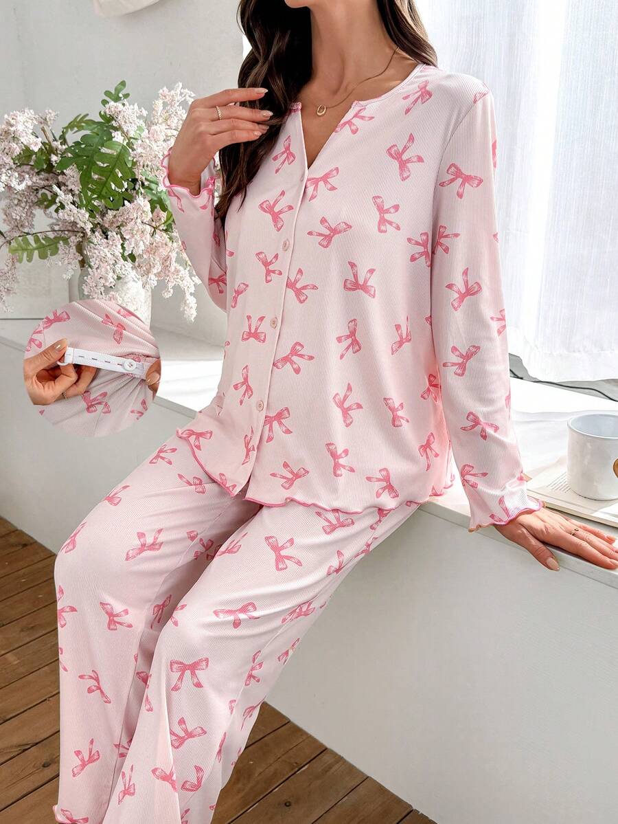 Maternity Pajama Set 2 Pack - Bow Print Pink Long Sleeve Cardigan and Pants Nursing Loungewear
