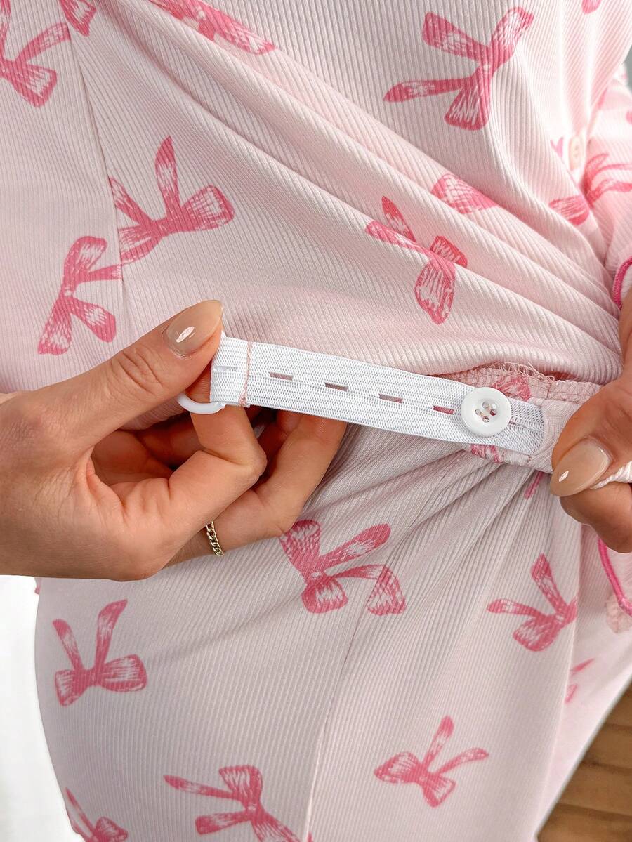 Maternity Pajama Set 2 Pack - Bow Print Pink Long Sleeve Cardigan and Pants Nursing Loungewear