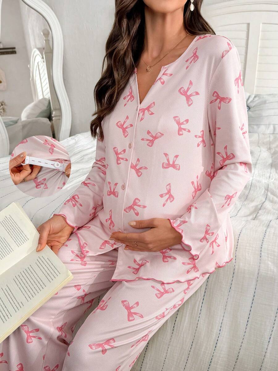Maternity Pajama Set 2 Pack - Bow Print Pink Long Sleeve Cardigan and Pants Nursing Loungewear