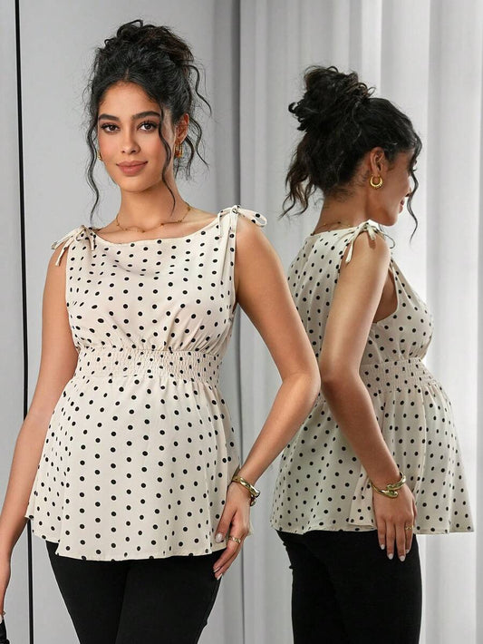 Apricot Geometric Print Shirred Boat Neck Maternity Tank Top - Casual Regular Fit Sleeveless Cami for Home and Everyday Wear