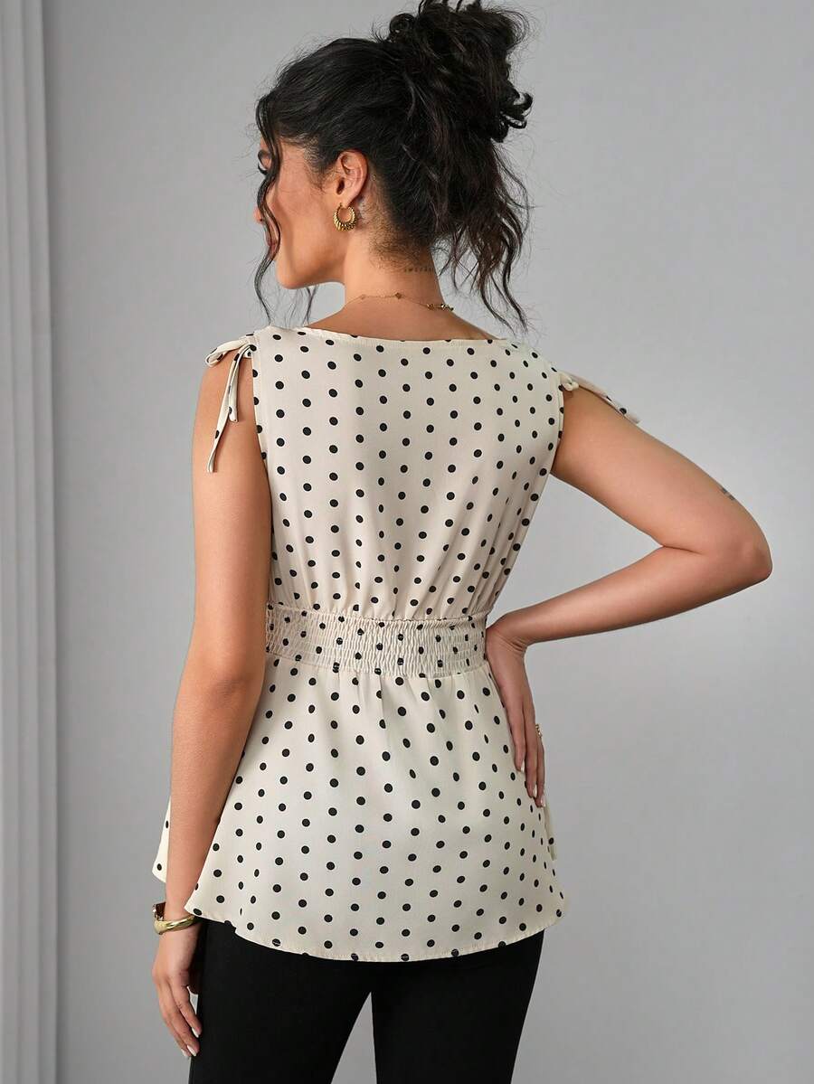 Maternity Polka Dot Print Knotted Shoulder & Waist Tunic - Stylish Geometric Shirred Boat Neck Sleeveless Tank Top in Apricot