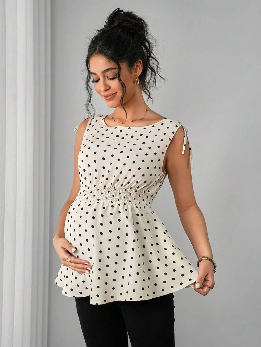Apricot Geometric Print Shirred Boat Neck Maternity Tank Top - Casual Regular Fit Sleeveless Cami for Home and Everyday Wear
