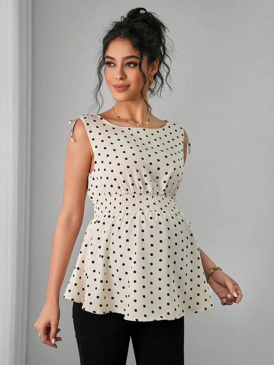 Maternity Polka Dot Print Knotted Shoulder & Waist Tunic - Stylish Geometric Shirred Boat Neck Sleeveless Tank Top in Apricot